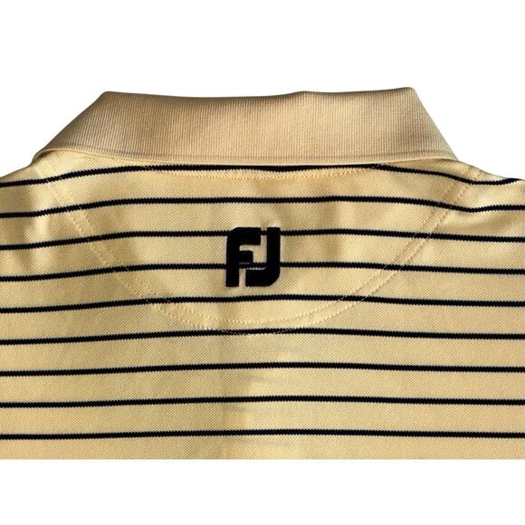 FJ Footjoy Men's Polo Shirt Medium Yellow Navy Stripe Unknown Golf Course Logo - Picture 6 of 12